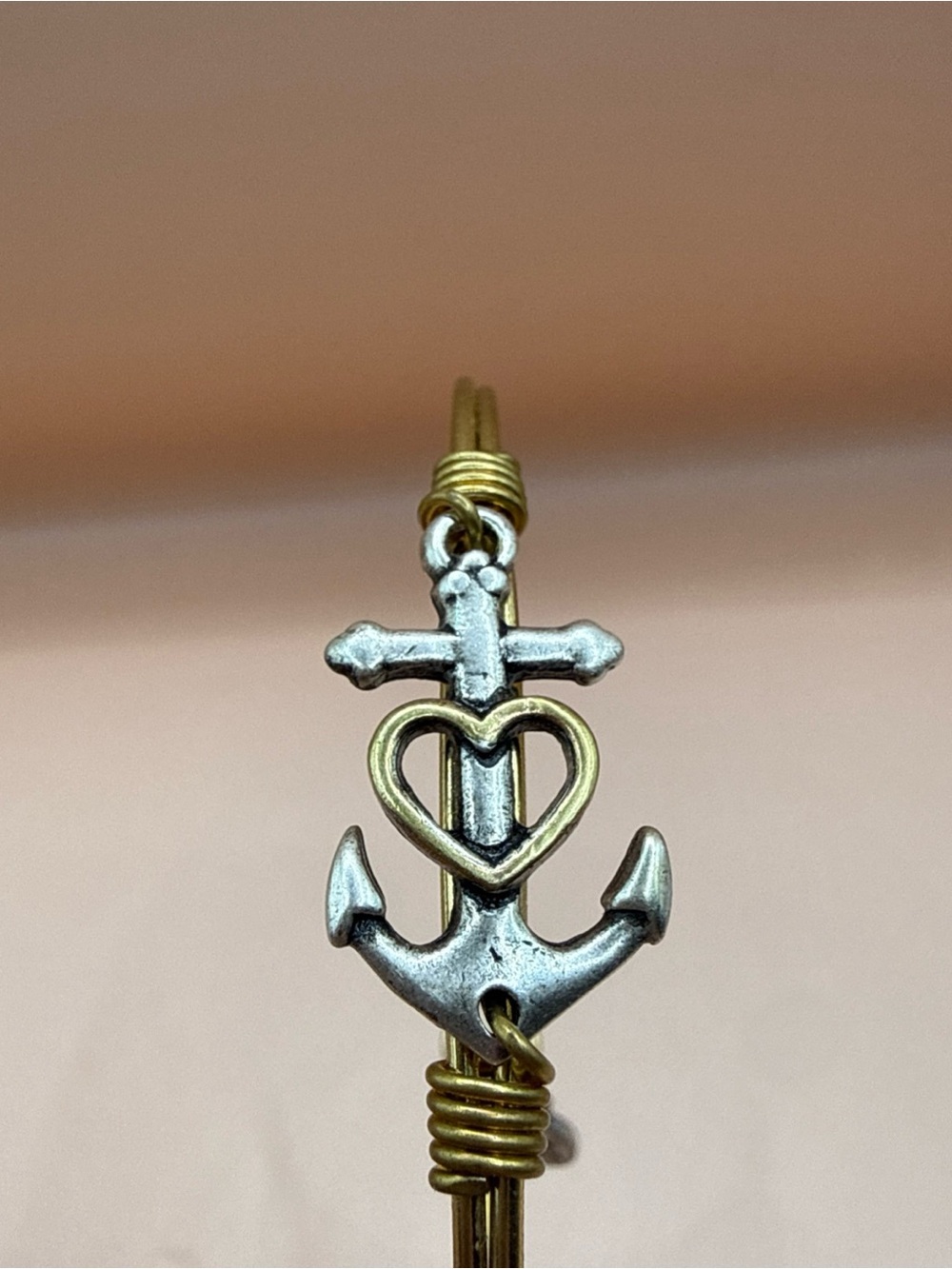 Anchor w Heart Silver & Gold Tone Bangle Stacking Bracelet Nautical Love 7" L&D